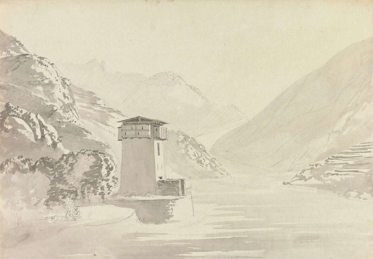 Utsikt från bron vid Wandepore [Wangdu Phodrang] av Samuel Davis