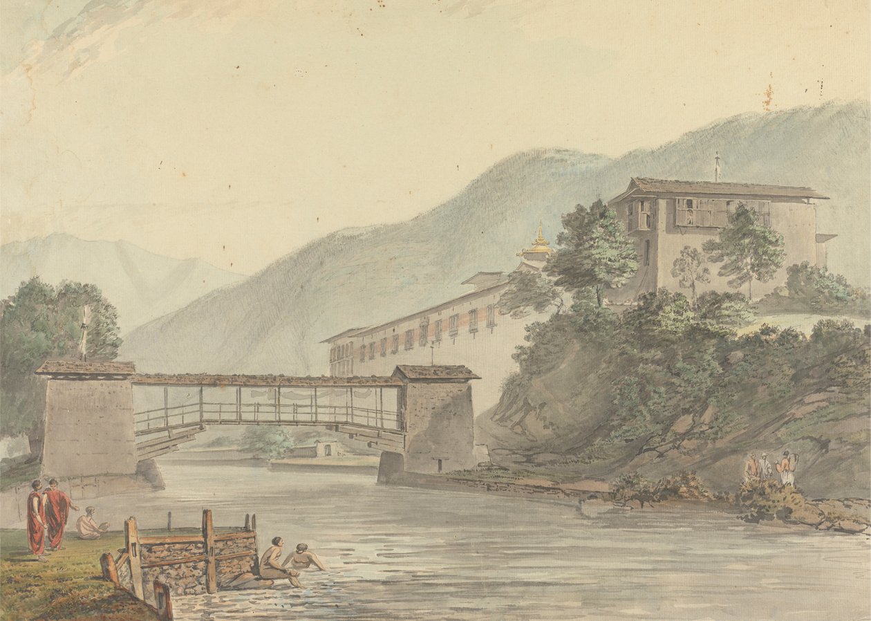 Utsikt över Tashichoedzong, Bhutan och Foot Bridge av Samuel Davis