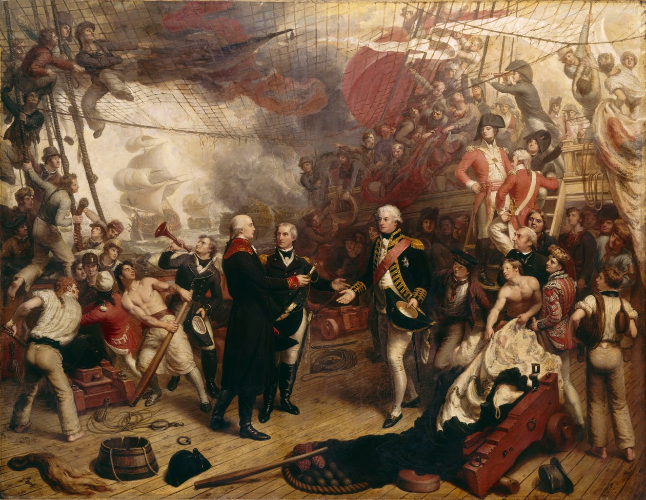 Amiral Duncan tar emot den holländske amiralen de Winters svärd vid slaget vid Camperdown av Samuel Drummond