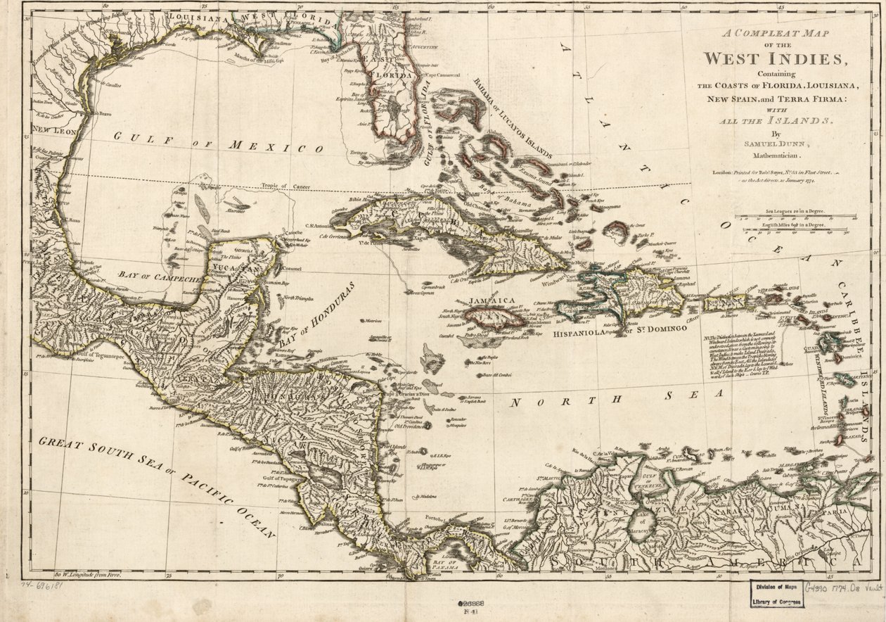 En komplett karta över Västindien som innehåller Floridas, Louisianas, Nya Spaniens och Terra Firmas kuster: Med alla öarna. av Samuel Dunn