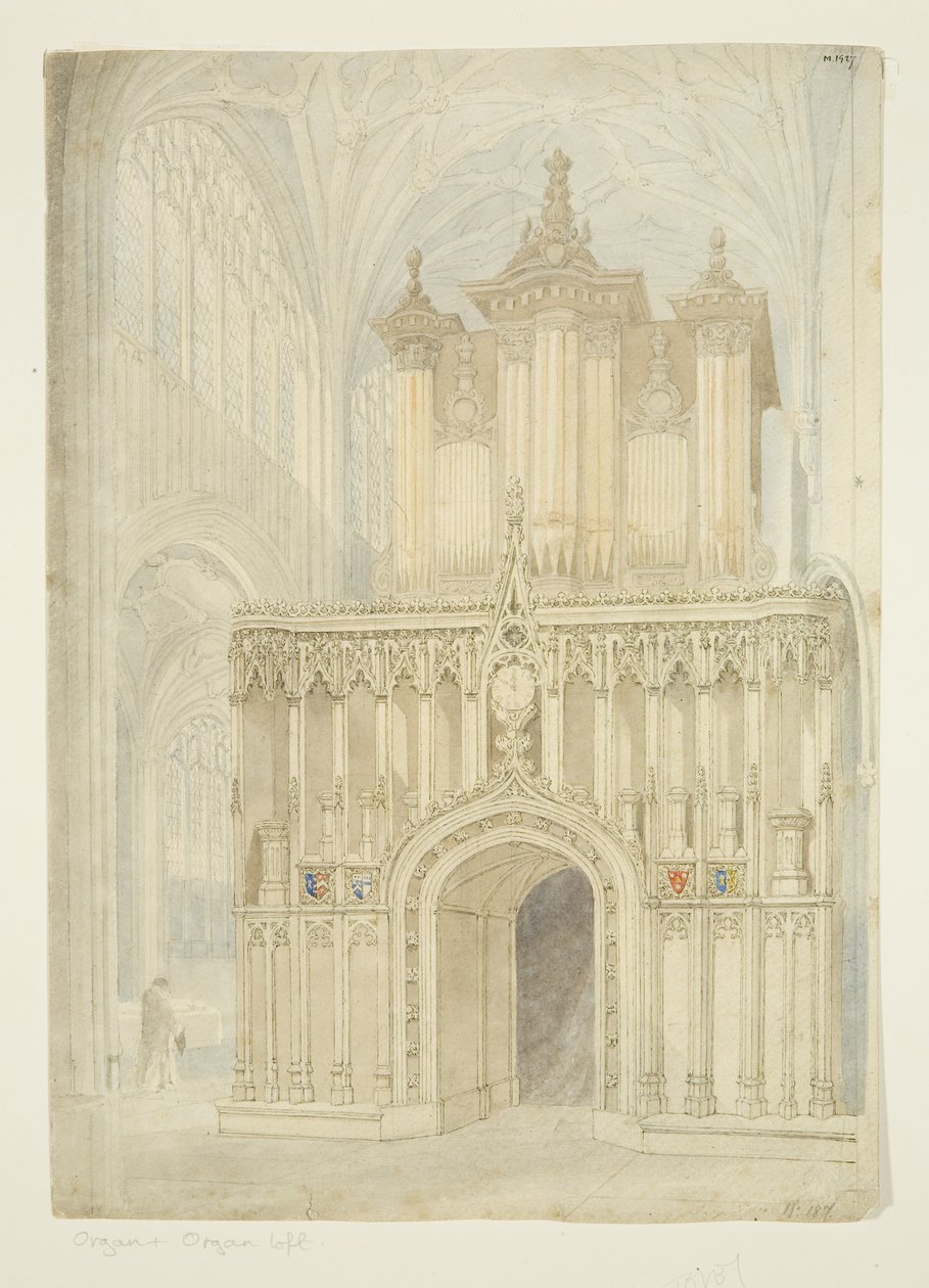 Orgel och orgelloft i St Mary Redcliffe Church, ca 1840 (penna och akvarell på papper) av Samuel Griffiths Tovey