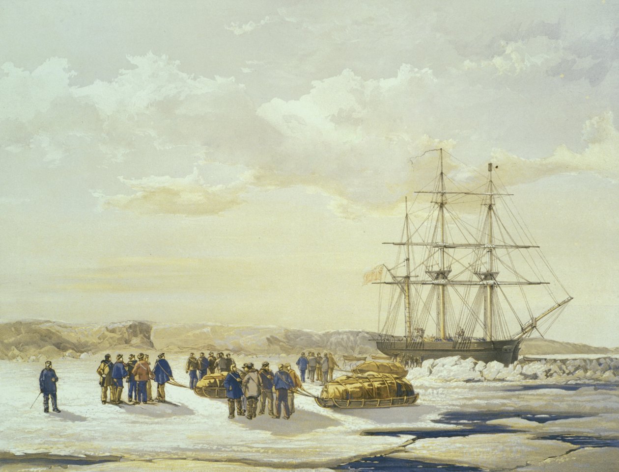 Kälkefest som lämnar H.M.S. Utredare i Mercy Bay, 15 april 1853, graverad av E. Walker, utgiven av Ackermann und Co., 1854 av Samuel Gurney Cresswell