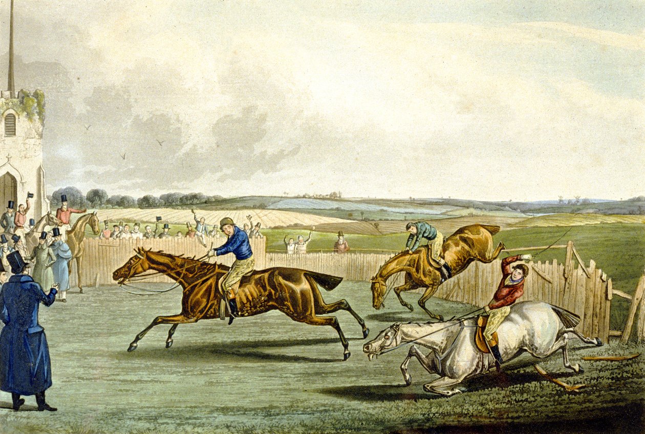 Forth Mile, från Steeplechasing, graverad av Charles Hunt (1829-1900) (färg litho) av Samuel Henry (after) Alken