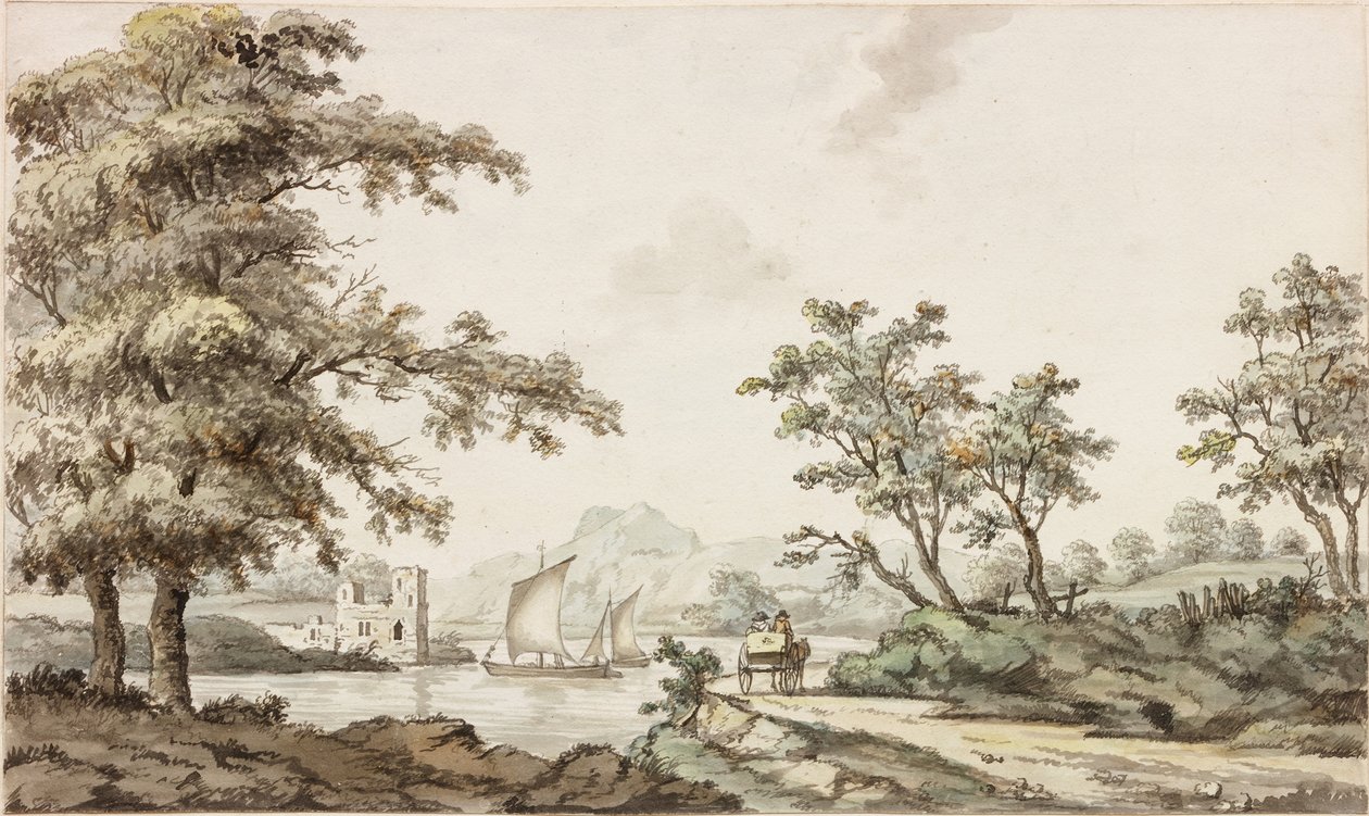 En flod med segelbåtar och en häst och vagn (bläck (svart) och akvarell på papper) av Samuel Henry Alken