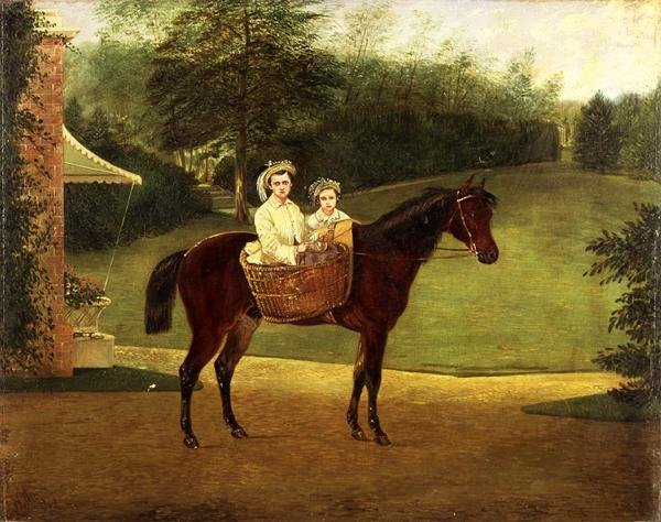 Porträtt av två flickor i en väska på en ponny (olja på panel) av Samuel Henry Alken