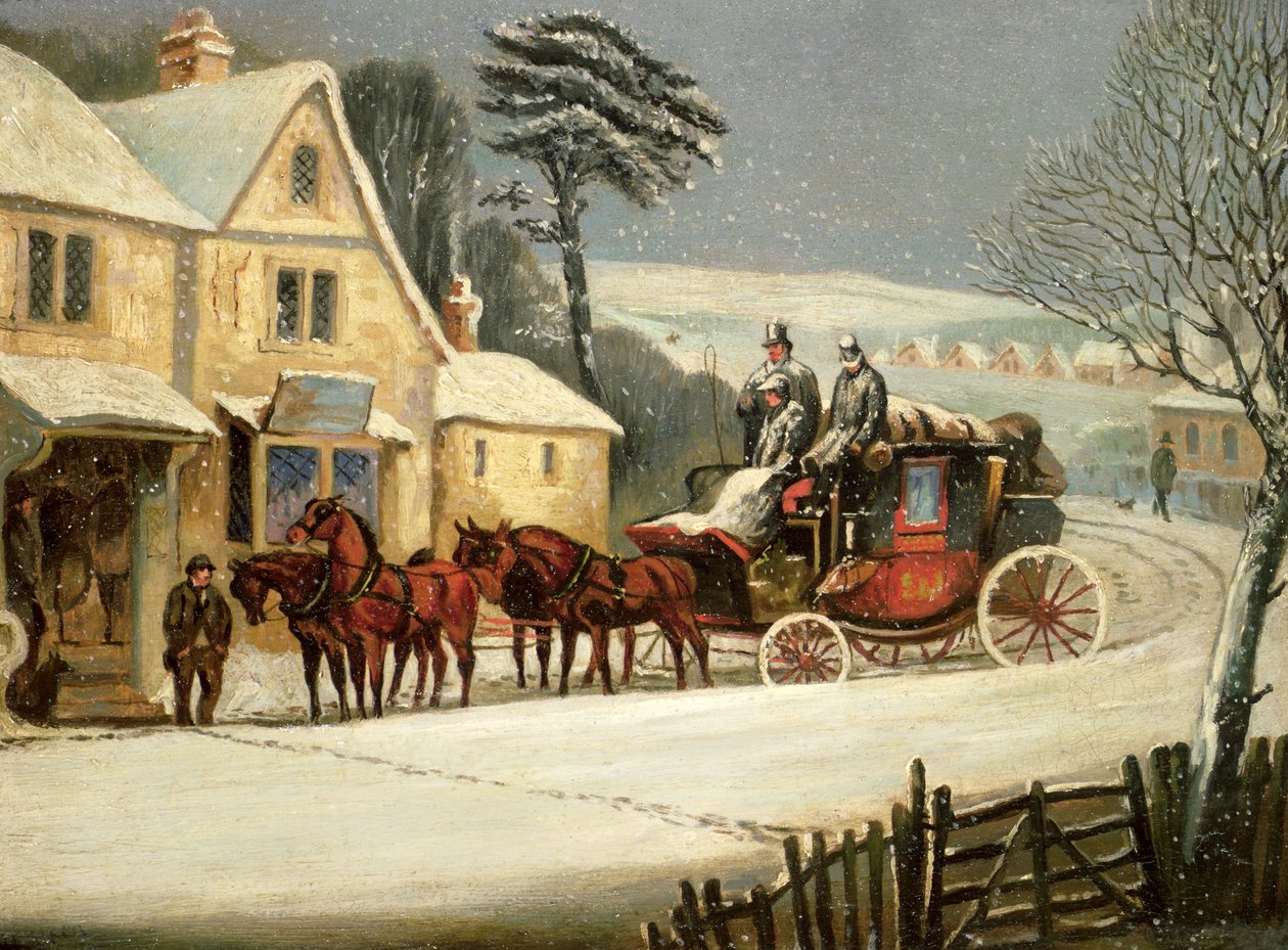 Vinterscen med Royal Mail stoppad på ett värdshus (olja på panel) av Samuel Henry Alken