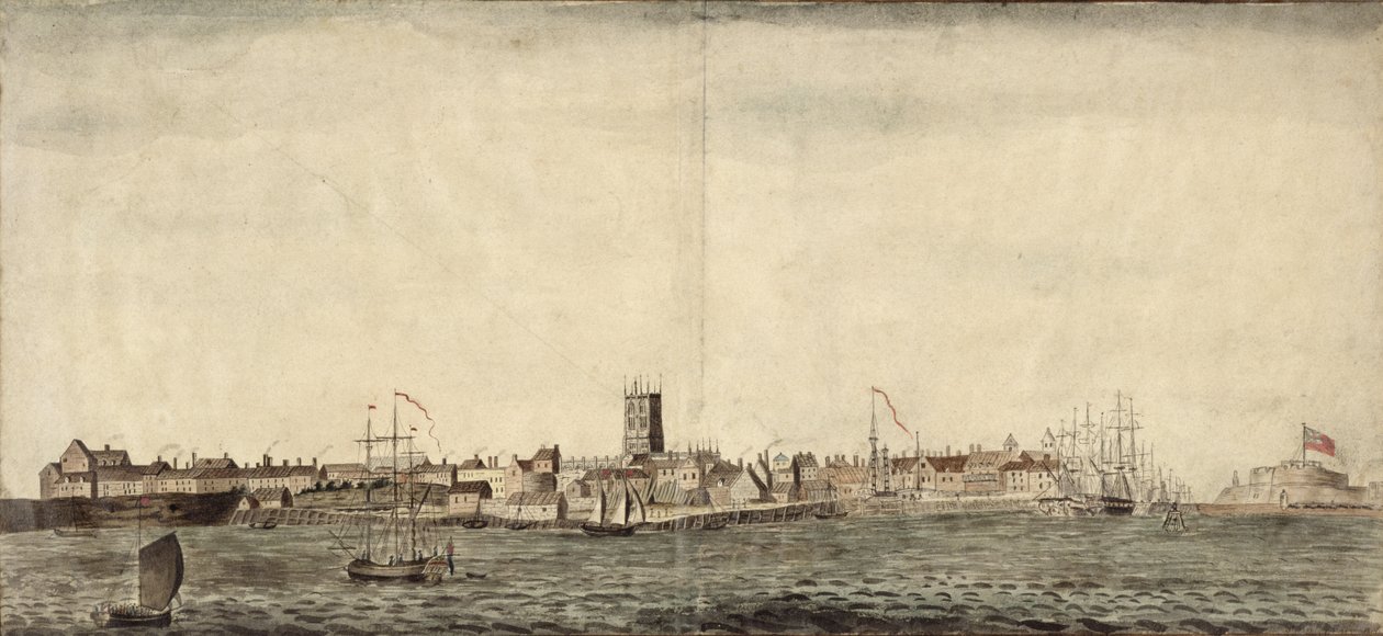 Sydostlig vy över Kingston upon Hull (penna, bläck och lavering på papper) av Samuel Heywood