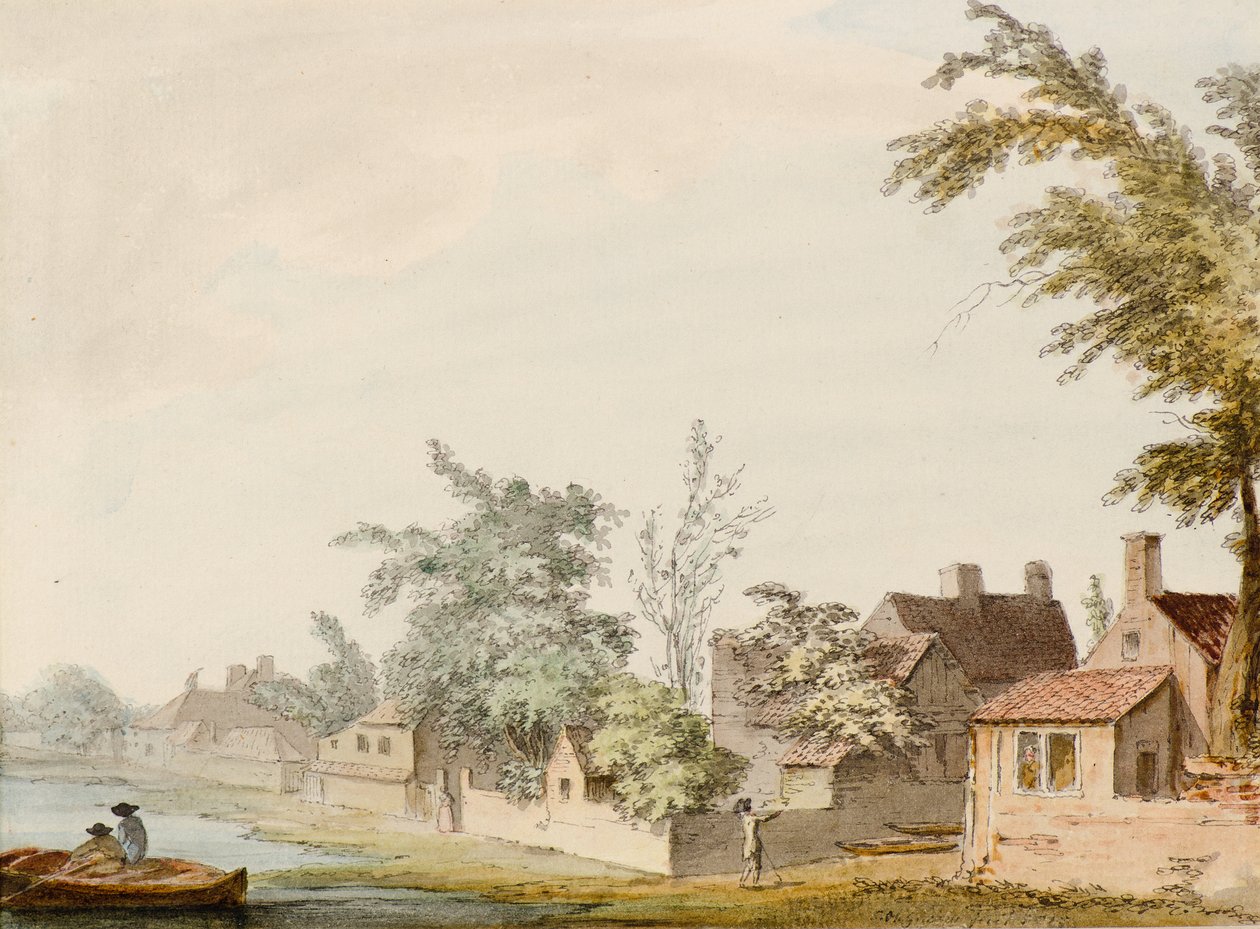 En by vid en sjö av Samuel Hieronymous Grimm