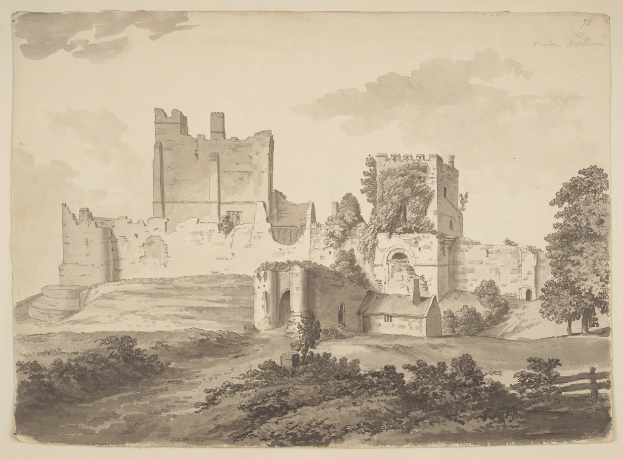 En vy i tusch, av Prudhoe Castle, i Ovingham socken (tusch på papper) av Samuel Hieronymous Grimm