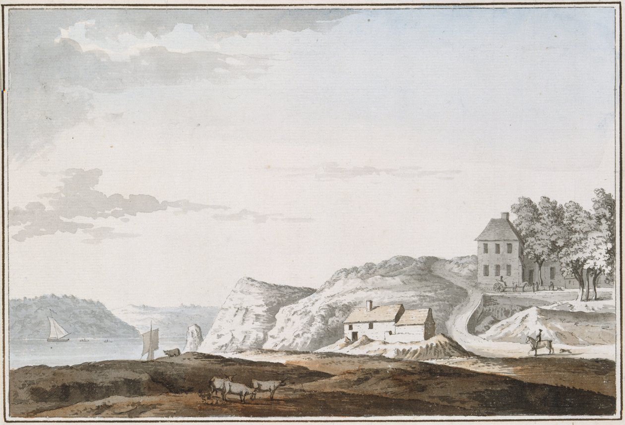 Aust Passage, Gloucestershire (akvarell  bodycolour på papper) av Samuel Hieronymous Grimm