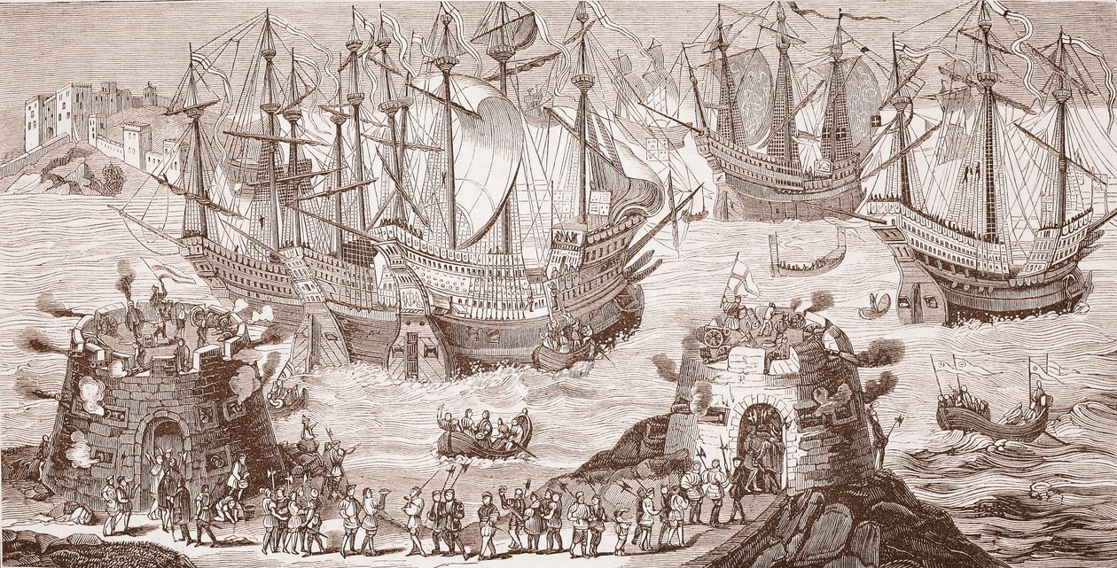 Henry VIII går ombord på Dover, från det stora trycket publicerat av The Royal Society of Antiquities av Samuel Hieronymous Grimm