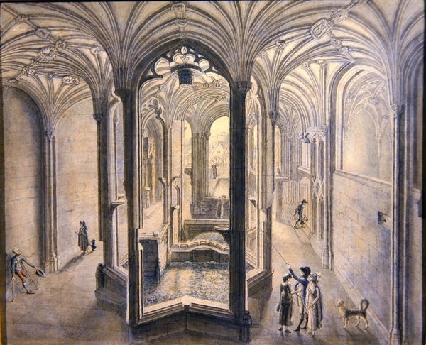 Interiörvy av Holywell Spa, North Wales (akvarell med penna och bläck på papper) av Samuel Hieronymous Grimm