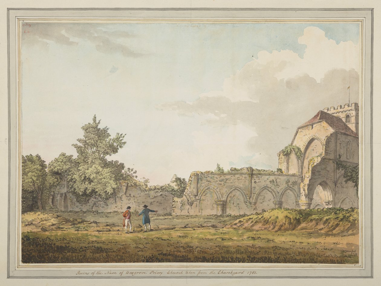 Ruinerna av långhuset i Boxgrove priory church tagna från kyrkogården av Samuel Hieronymous Grimm