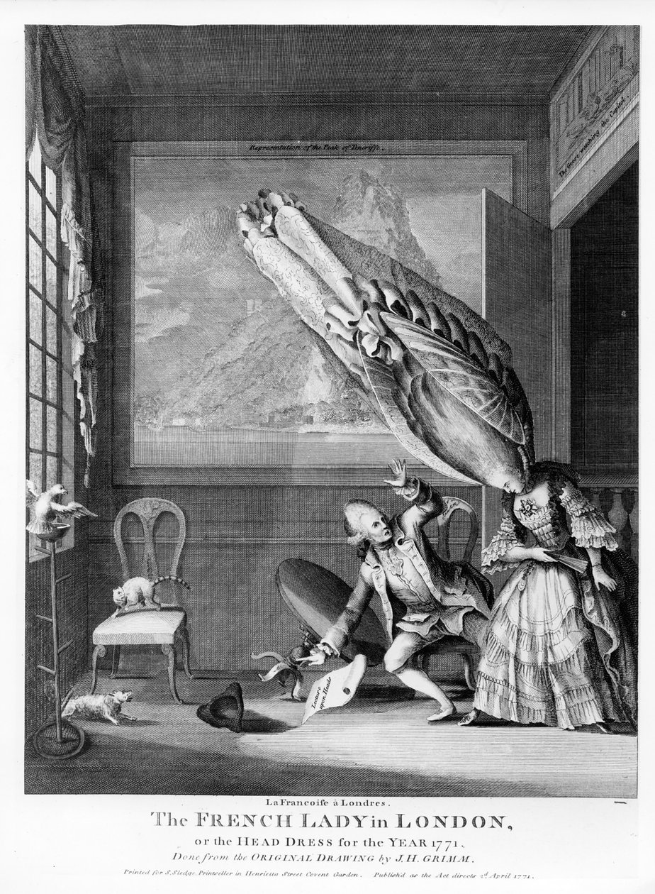 The French Lady in London eller The Head Dress of the Year 1771, trykt for S. Sledge, 1771 swed av Samuel Hieronymous Grimm