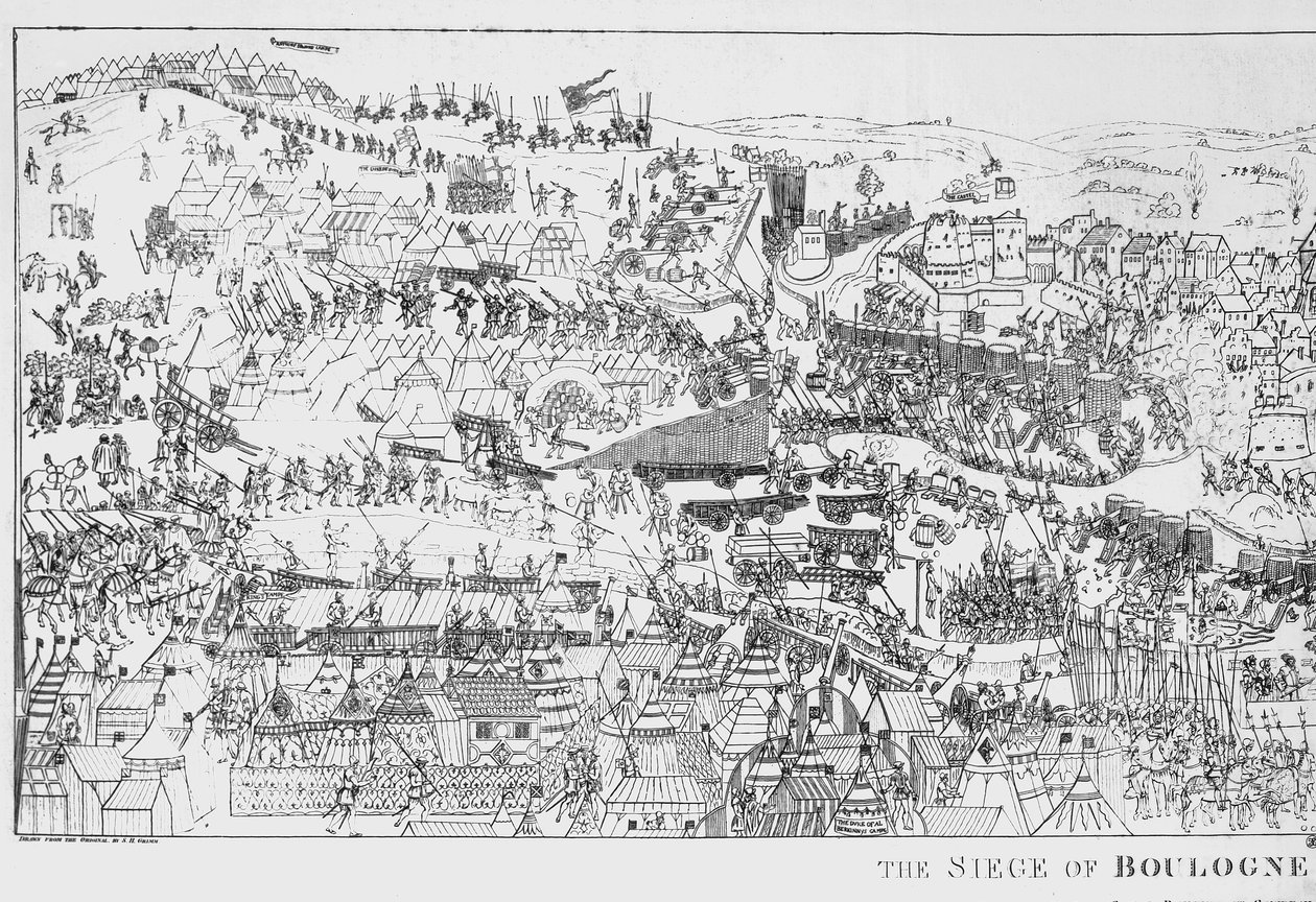 Belägringen av Boulogne av kung Henrik VIII (1491-1547) 1544, graverad av James Basire, 1788 (se även 106603) av Samuel Hieronymous Grimm