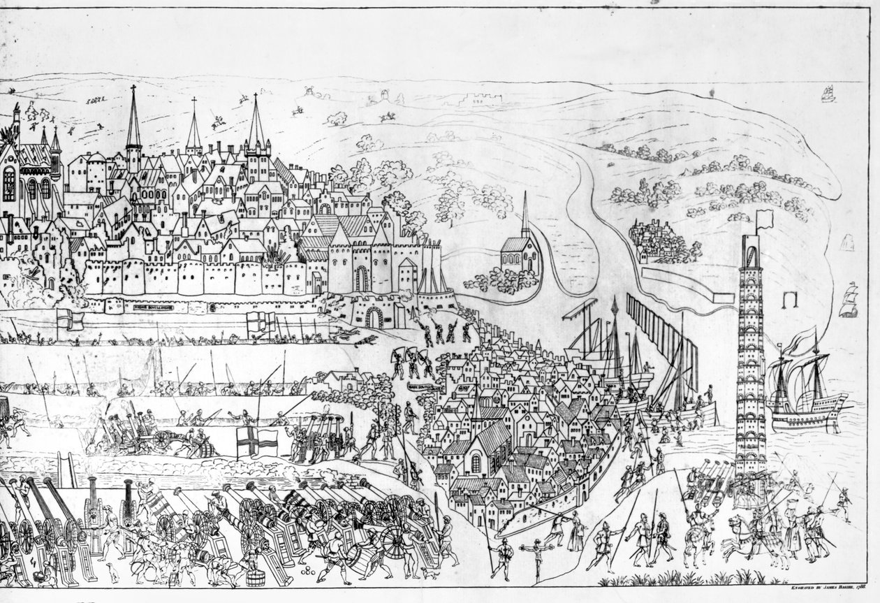 Belägringen av Boulogne av kung Henrik VIII (1491-1547) 1544, graverad av James Basire, 1788 (se även 106602) av Samuel Hieronymous Grimm