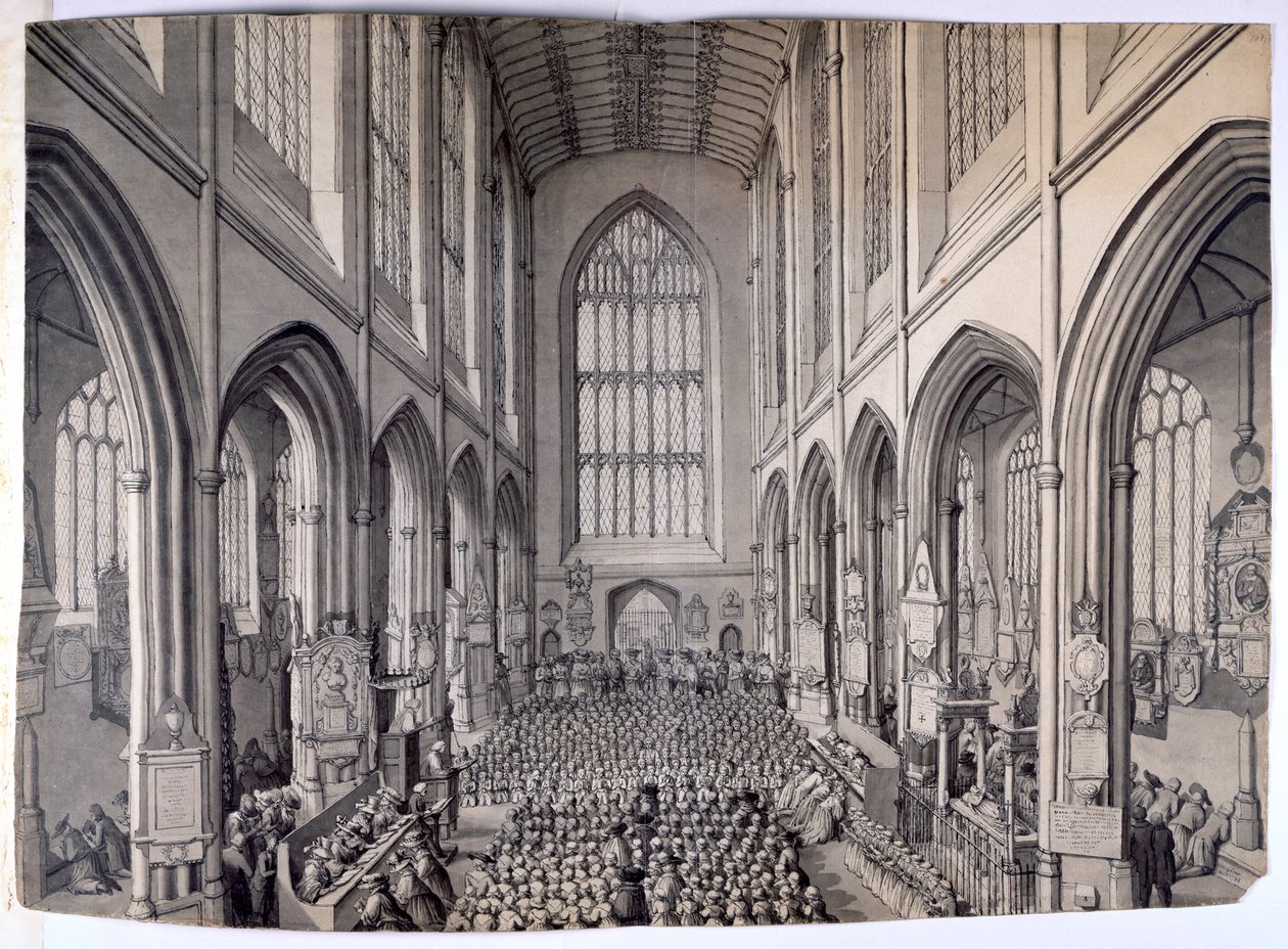 Utsikt från den östra änden av det inre av Bath Abbey, med församling av Samuel Hieronymous Grimm