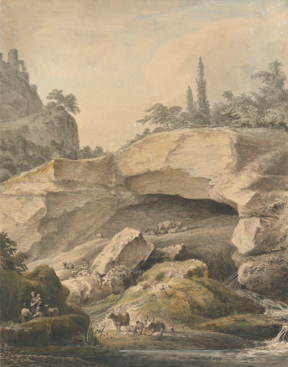 Stenigt landskap med bönder och boskap av Samuel Hieronymus Grimm