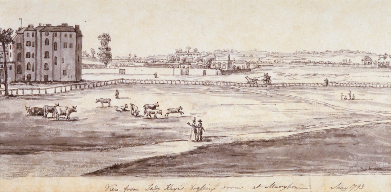 "Utsikt från Lady Kayes omklädningsrum vid Marylebone", 1793 av Samuel Hieronymus Grimm