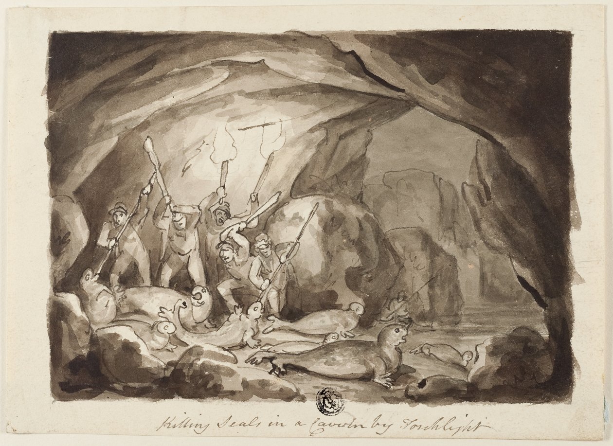 Dödande av sälar i en grotta i ficklampans sken (recto); Skiss av jägare och styrelse (verso) av Samuel Howett