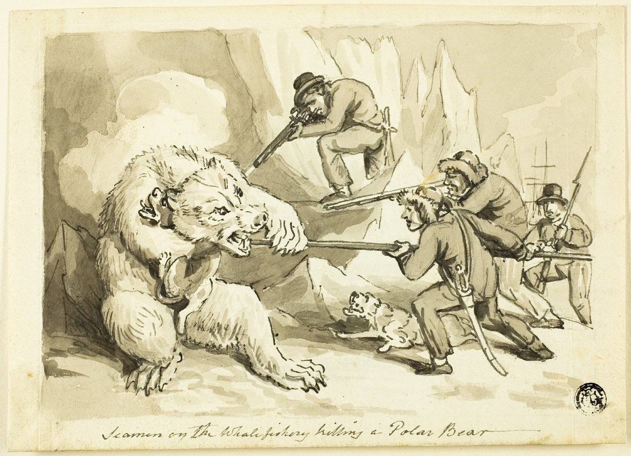 Sjömän på valfisket som dödar en isbjörn (recto); Skal (verso) av Samuel Howett