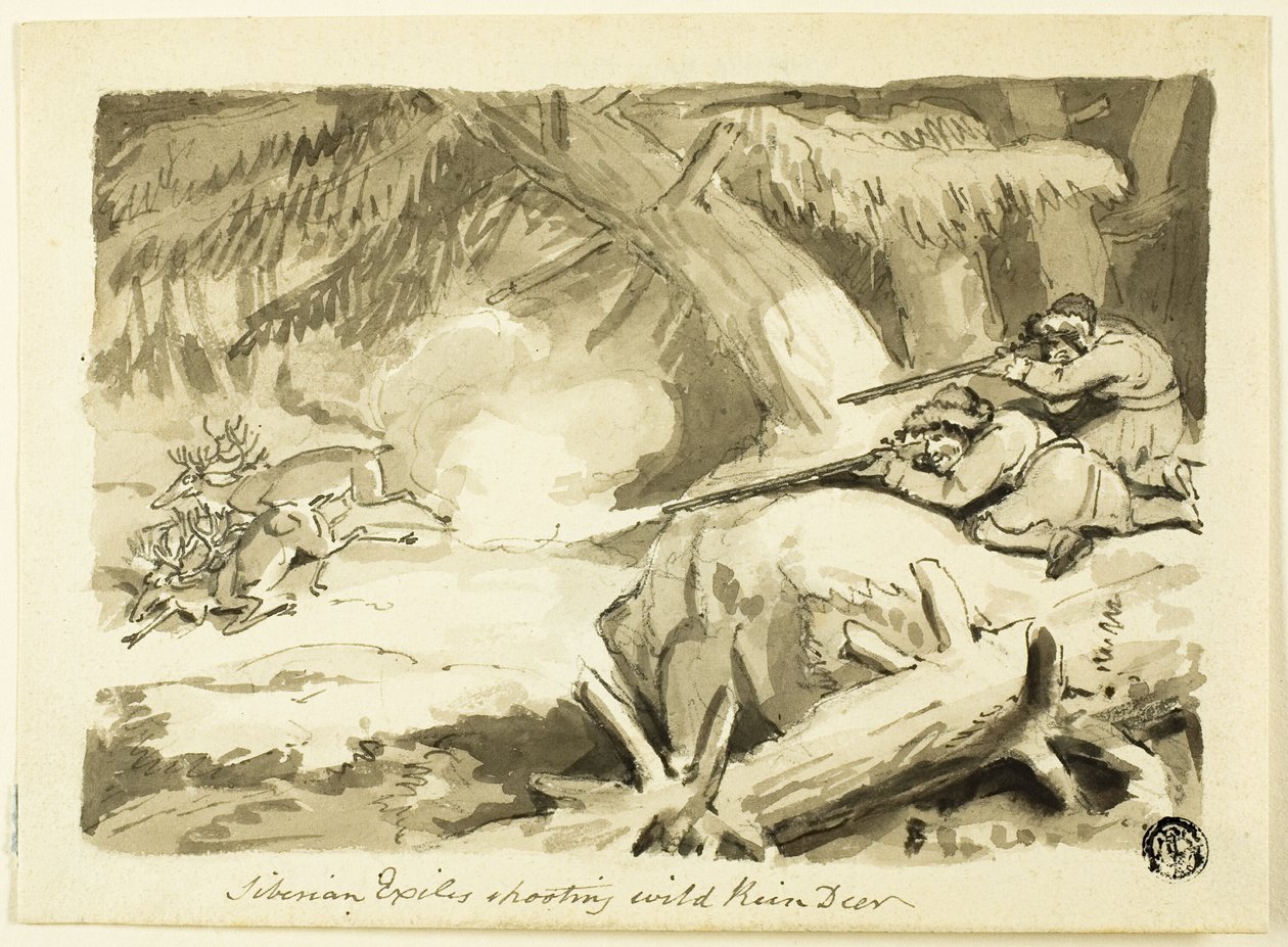 Sibiriska exil som skjuter vildrenar (recto); Skal (verso) av Samuel Howett