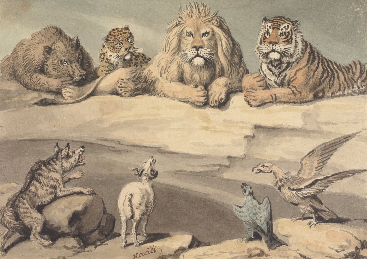 Ett vildsvin, en leopard, ett lejon, en tiger, en varg, en bagge och två örnar av Samuel Howitt