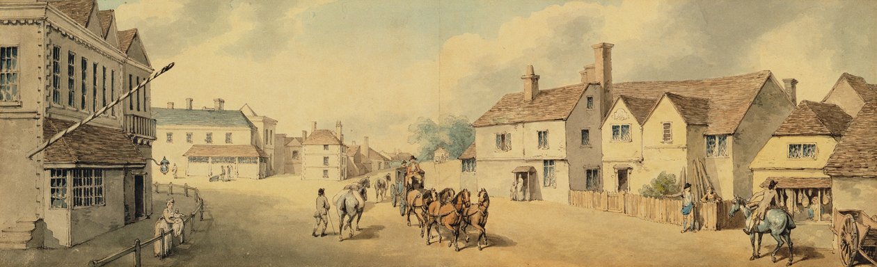 En tränare och fyra passerar Chippenham, Wiltshire (penna och bläck och wc på papper) av Samuel Howitt