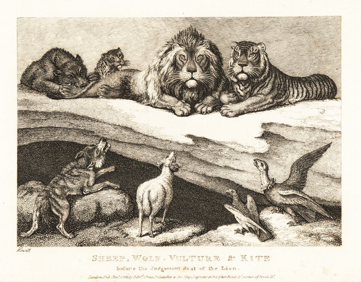 Ett rättsfall mellan djur, med lejon och tiger som domare. 1811 (etsning) av Samuel Howitt
