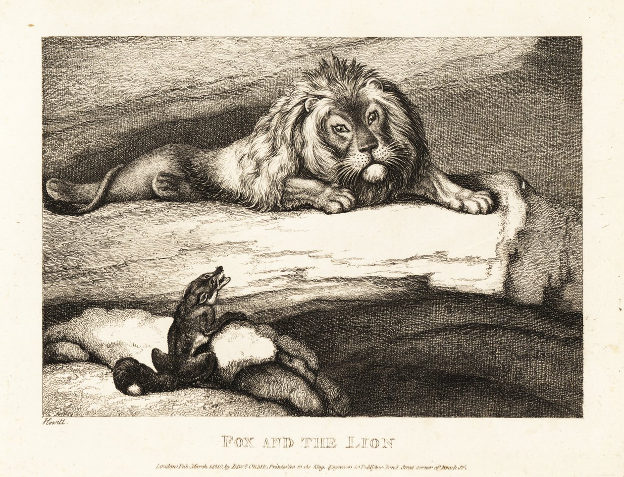 En räv närmar sig dåraktigt en lejonhane i sin håla. 1811 (etsning) av Samuel Howitt