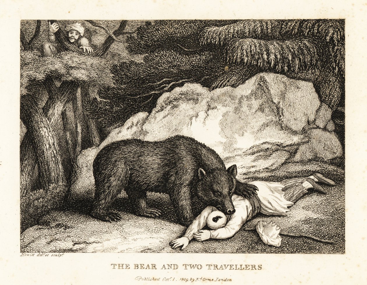 En resenär i turban spelar död när han blir attackerad av en björn. 1811 (etsning) av Samuel Howitt