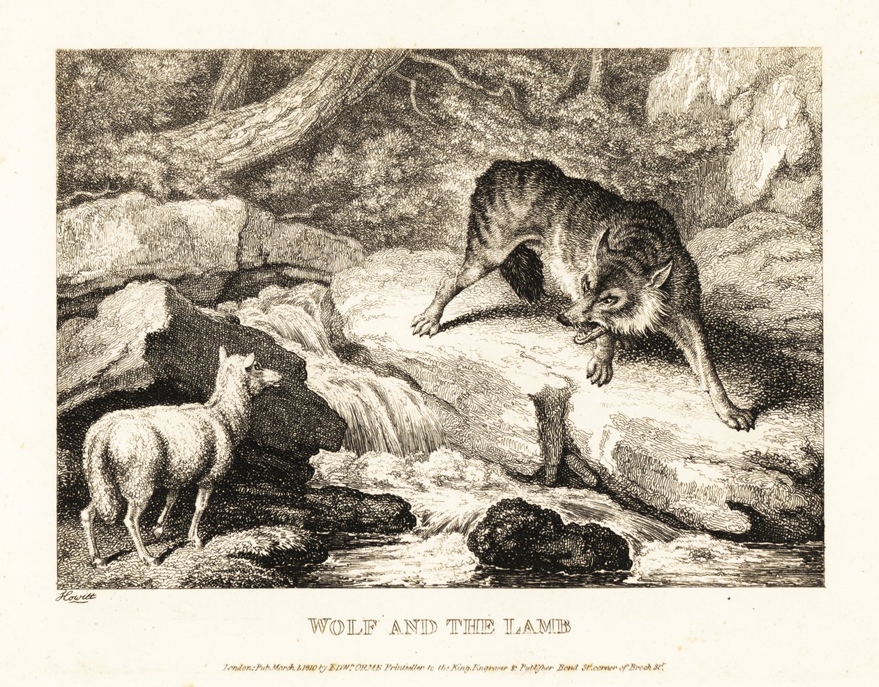 En varg som försöker rättfärdiga att döda ett lamm nära en flod. 1811 (etsning) av Samuel Howitt