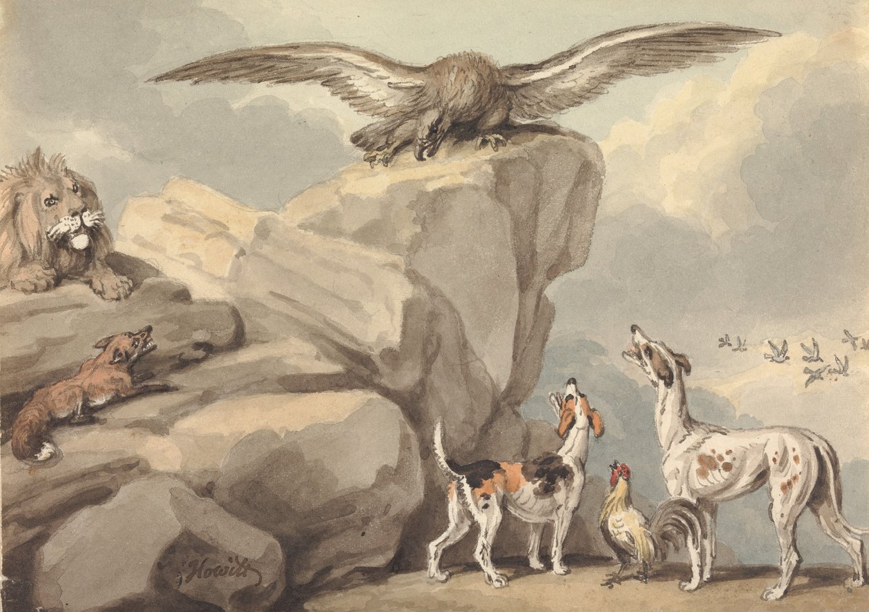 En örn som sitter på en sten; ett lejon, en räv, två jakthundar och en tupp (möjligen till ”Aisopos fabler”) av Samuel Howitt