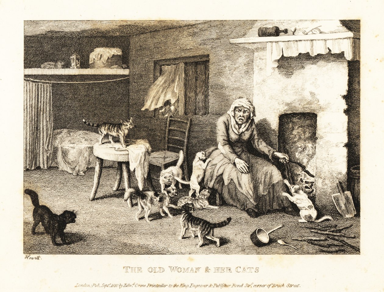 猫に囲まれたあばら屋の囲炉裏に座っているおばあさん。 1811年（エッチング）スウェーデン語 av Samuel Howitt
