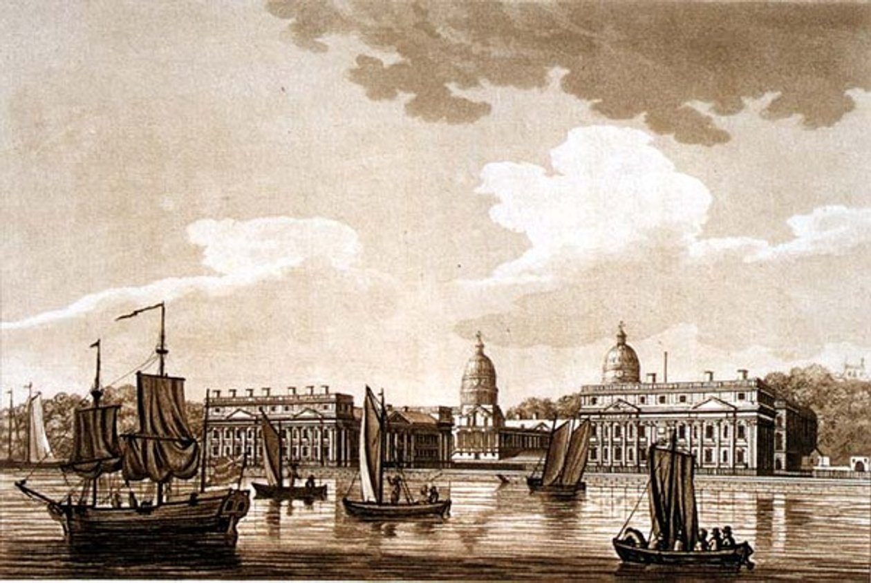 Greenwich sjukhus, illustration från "pittoreska vyer av Themsen", pub. 1799 (etsning, akvatint) av Samuel Ireland