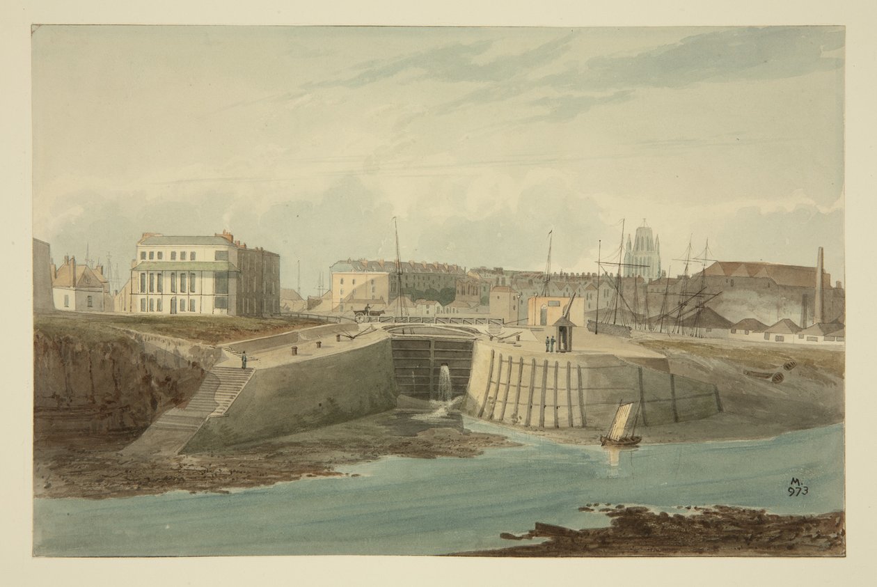 Ingång till Bathurst Basin från New Cut, c.1825 (penna & bläck med akvarell på papper) av Samuel Jackson
