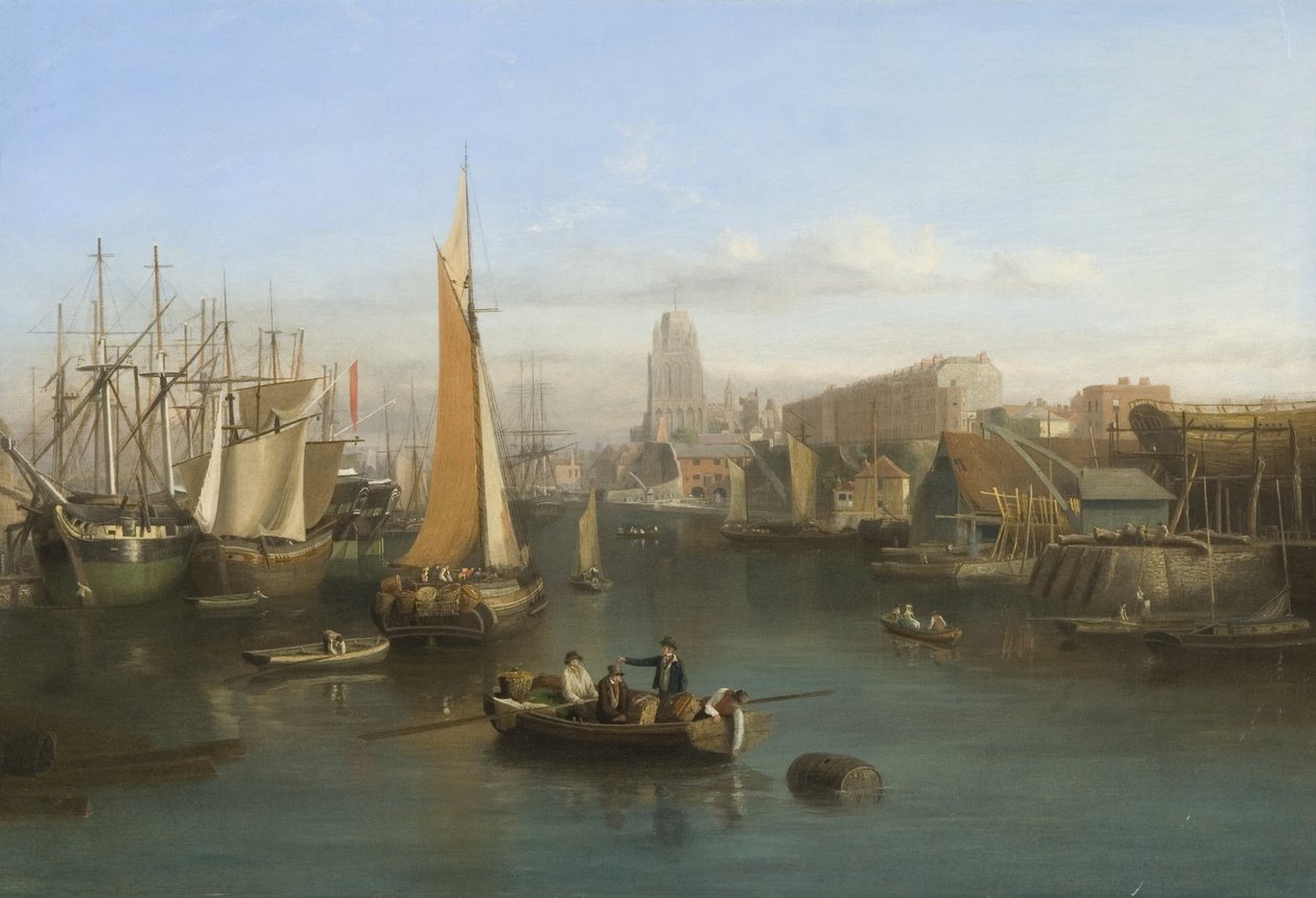 St Mary Redcliffe and Redcliffe Parade från Prince Street Bridge, ca 1826 (olja på duk) av Samuel Jackson