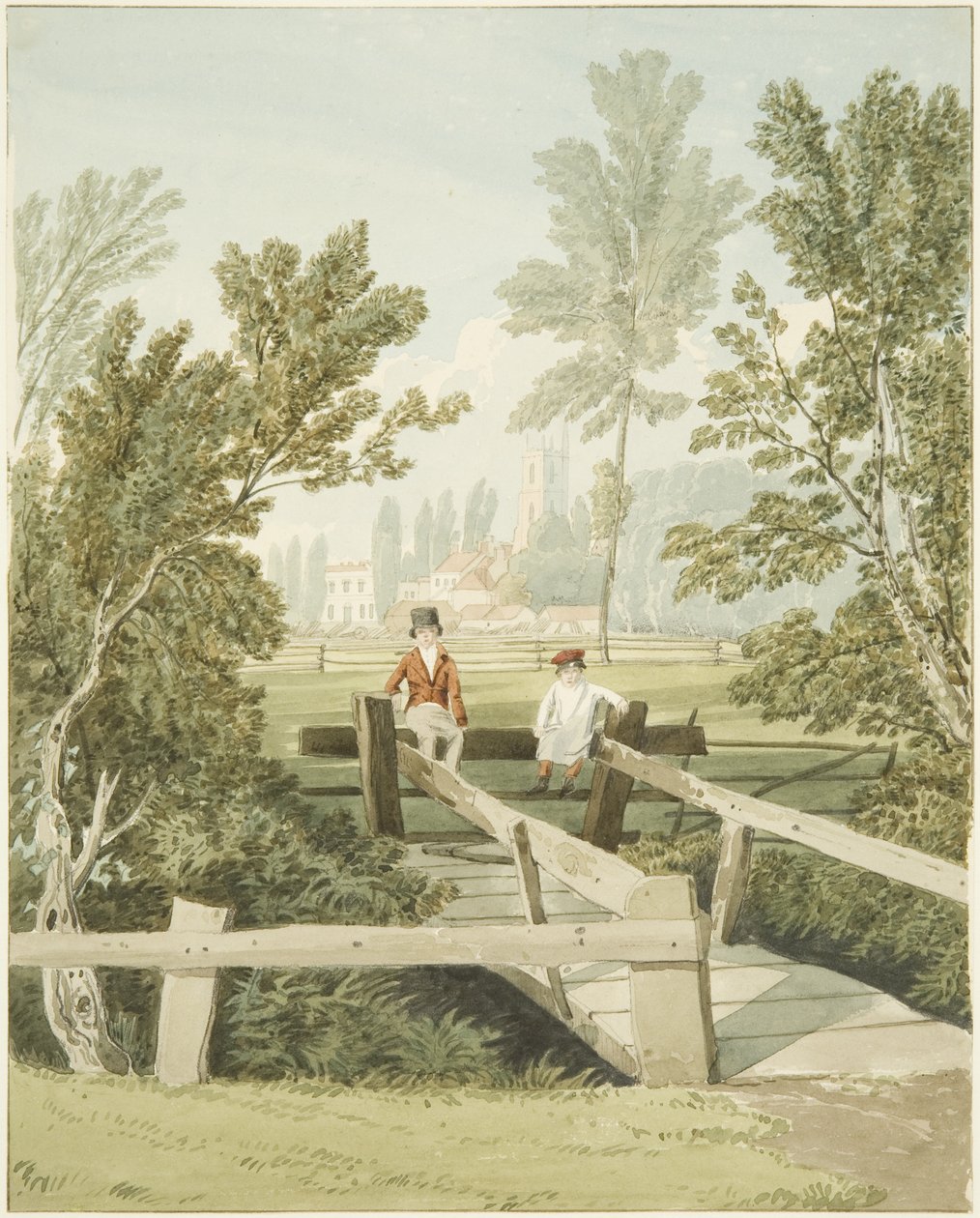 Two Boys on a Stole at Brislington Brook, ca 1824 (penna och akvarell på papper) av Samuel Jackson