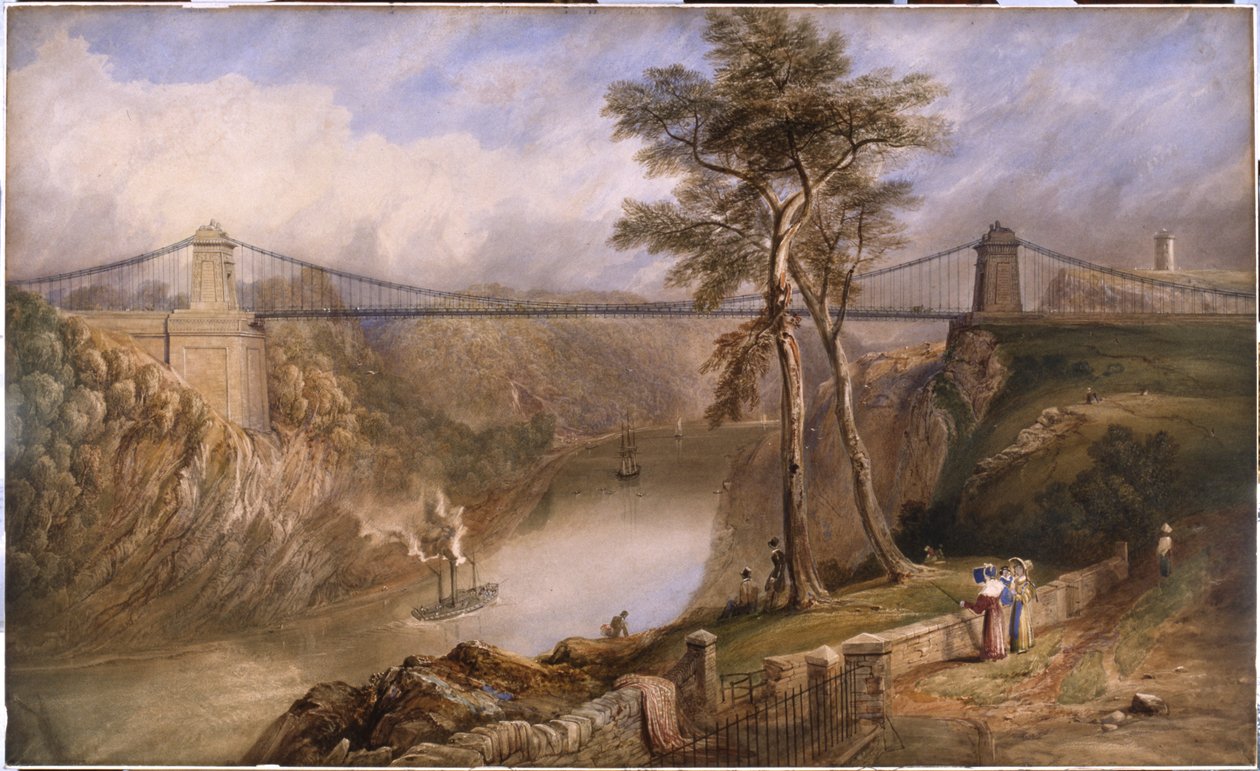 Utsikt över Avon Gorge med den godkända designen för Clifton Suspension Bridge (akvarell på papper) av Samuel Jackson
