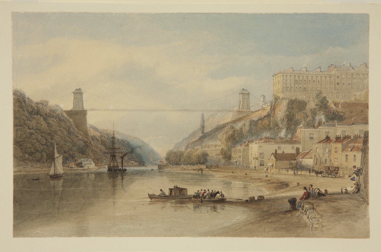View on the Avon at Hotwells: The Proposed Suspension Bridge, c.1836 (penna och akvarell på papper) av Samuel Jackson