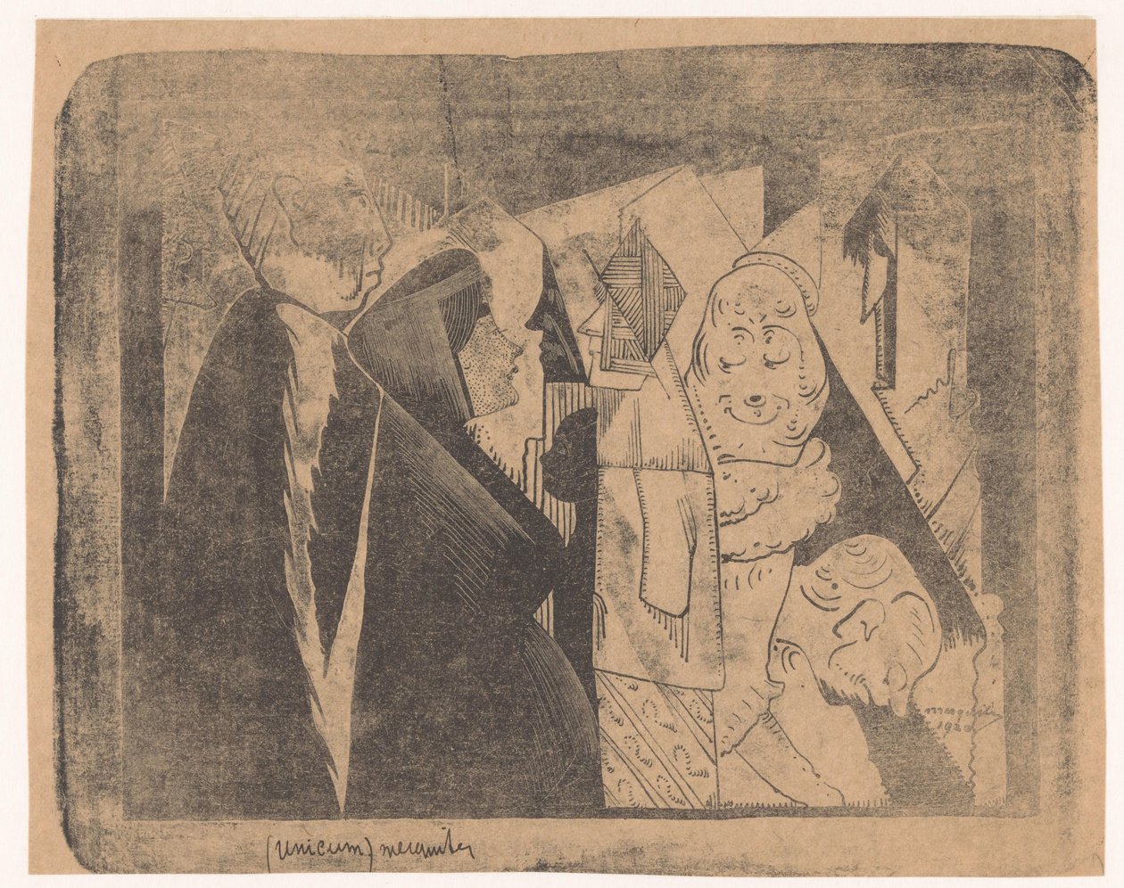 Fantasy: olika figurer, den andra från vänster en kvinna med spräckligt ansikte i profil till höger av Samuel Jessurun de Mesquita (signed by artist)