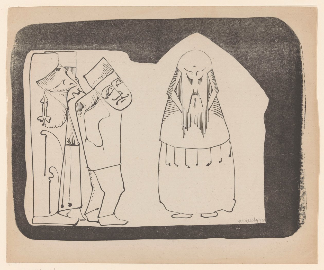 Fantasy: vänster tre figurer till höger, höger en frontal kinesisk-liknande figur av Samuel Jessurun de Mesquita (signed by artist)