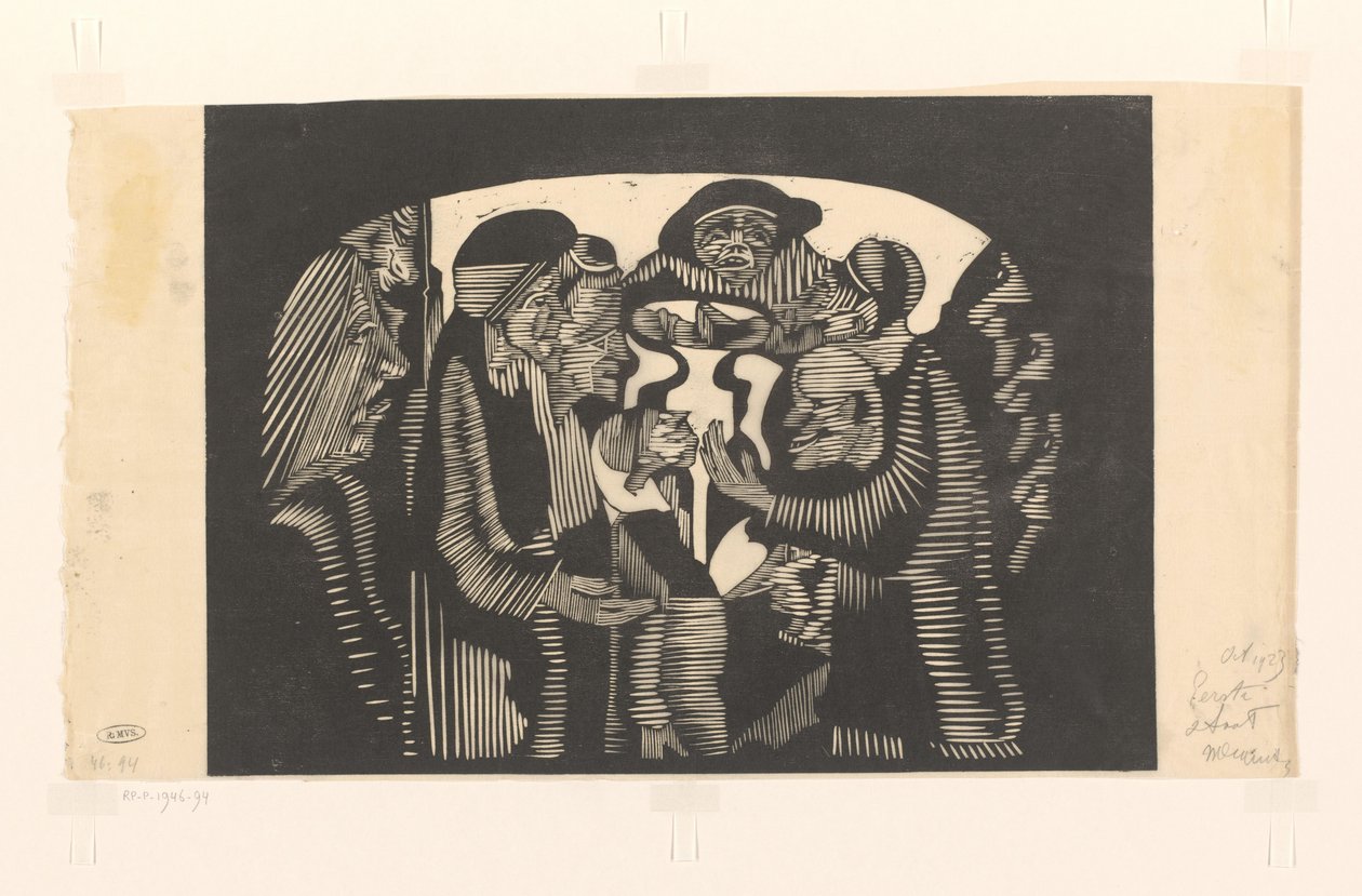 Grupp av figurer i en båge Visionär fantasi: grupp av figurer, ingående i en bågform, upptill i mitten av en frontal man med en hatt av Samuel Jessurun de Mesquita (signed by artist)