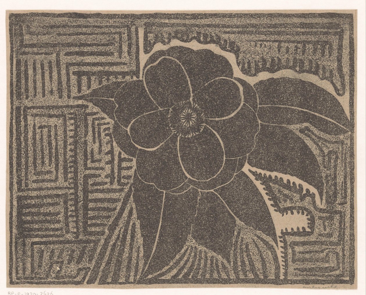 Camellia (svart; runt ett labyrintliknande mönster) av Samuel Jessurun de Mesquita