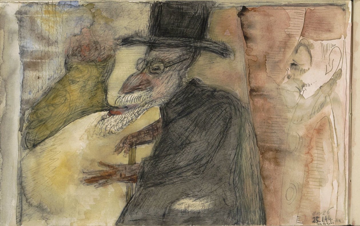 Man med skägg, käpp och hög hatt, i profil till vänster av Samuel Jessurun de Mesquita