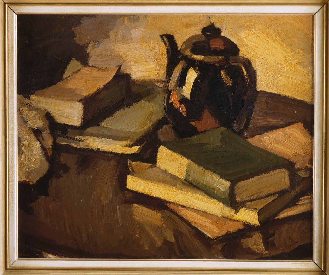 Ett stilleben med en tekanna och böcker på ett bord, c.1926 av Samuel John Peploe