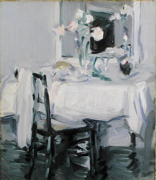 En interiör med rosor i en vas på ett bord (olja på duk) av Samuel John Peploe