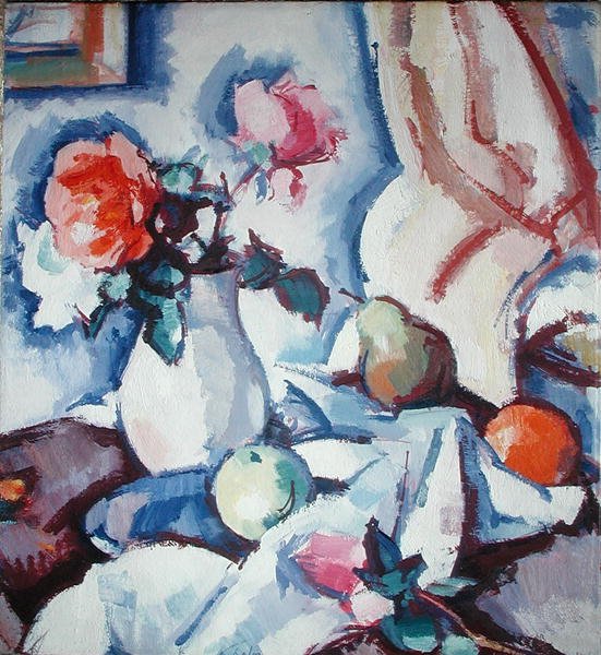 Rosor i en vit vas (olja på duk) av Samuel John Peploe