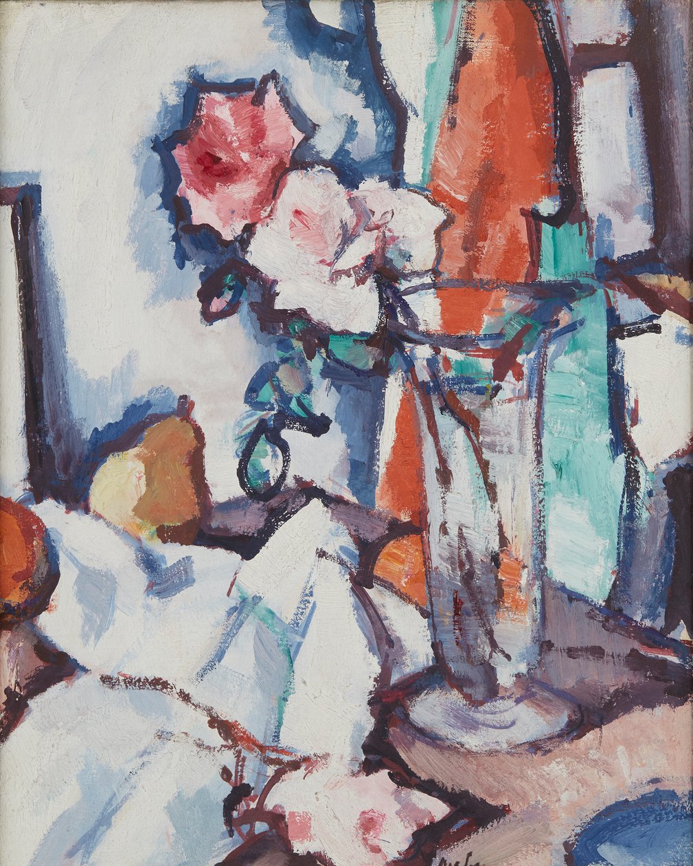 Stilleben av rosor och päron (olja på duk) av Samuel John Peploe