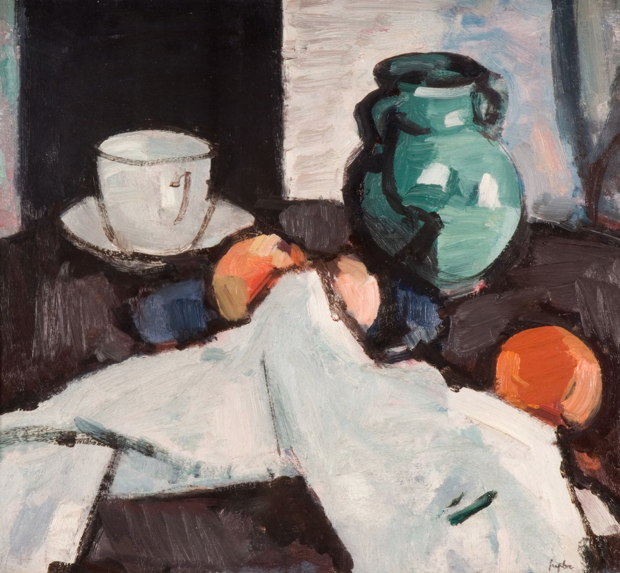 Stilleben med skål med frukt, kanna, kopp och fat, 1927-29. av Samuel John Peploe